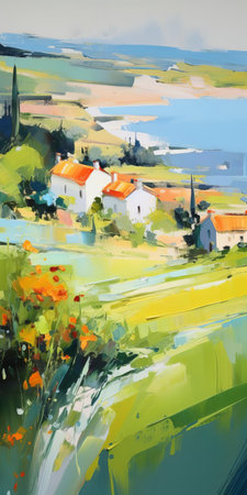 the countryside landscape, bathed in soft, serene light, unfolds near a gentle hill, its tranquil atmosphere evoking the style of iryna yermolova, with blurred imagery reminiscent of en plein air beach scenes, dominated by soothing light navy and light green hues, presented in stunning 32k uhd resolution. ai generatedの素材