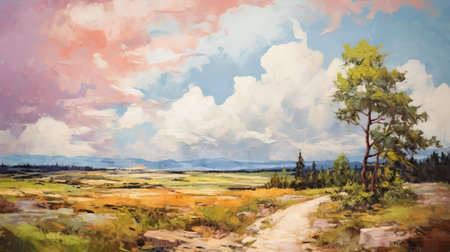 mountainous landscape unfolds in this gestural modern abstract oil painting, featuring a winding path that disappears into the distance, surrounded by lush bushes, towering trees, and a vibrant forest, all set against a backdrop of majestic cumulus clouds, rendered in a rich, hike-inspired color palette. ai generatedの素材