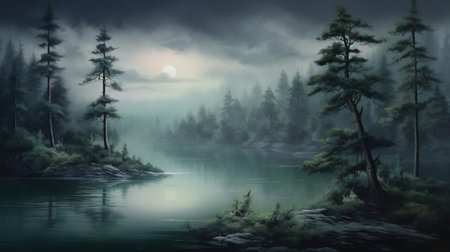 the serene lake, surrounded by towering pine trees, reflects the vibrant hues of the sky, creating an ethereal landscape that exudes tranquility and peace, perfect for nature lovers and photography enthusiasts seeking breathtaking scenery and majestic wilderness escapes. ai generatedの素材