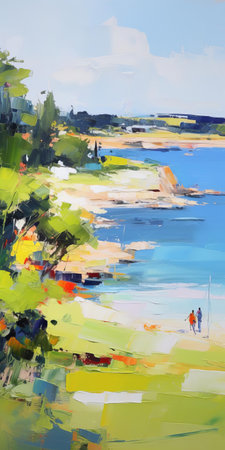 the serene lowland landscape, bathed in soft light, stretches towards the water's edge near a gentle hill, evoking the dreamy, blurred imagery reminiscent of iryna yermolova's style, capturing the essence of en plein air beach scenes in vibrant, airy hues of light navy and green, perfect for 32k uhd displays. ai generatedの素材