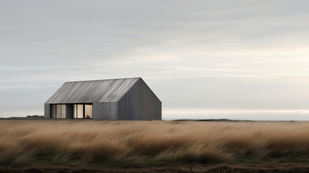 the barn stands isolated in a vast field of tall grass, exuding a sense of serenity and simplicity, its contemporary minimalist design featuring a striking contrast of light gray and dark black hues, evoking a sculptural aesthetic reminiscent of coastal views and minimalist sets, with hints of gothic revival, all set against a backdrop of muted colours. ai generatedの素材