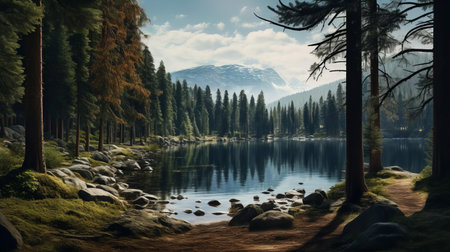 the serene lake, surrounded by majestic pine trees, reflects the vibrant blue sky, creating a breathtaking scenery that showcases the beauty of nature, perfect for relaxation and tranquility, evoking feelings of calmness and peacefulness in this idyllic landscape photography. ai generatedの素材