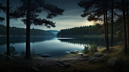 lake scenery unfolds serenely between towering pine trees, showcasing a tranquil coastal landscape with gentle ripples on the water's surface, surrounded by lush greenery and majestic tree trunks, evoking a sense of peacefulness and connection with nature. ai generatedの素材