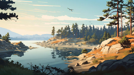 the serene lake, nestled among towering pine trees, offers a tranquil coastal landscape, with gentle ripples reflecting the surrounding forest, creating a sense of peacefulness and harmony, perfect for nature lovers and photography enthusiasts alike, capturing the beauty of the great outdoors. ai generatedの素材
