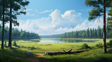 the serene lake pasture, nestled between towering pine trees, offers a tranquil atmosphere, reflecting the surrounding landscape's natural beauty, with the trees' gentle sway and the water's calm ripples creating a sense of peaceful coexistence with nature. ai generatedの素材