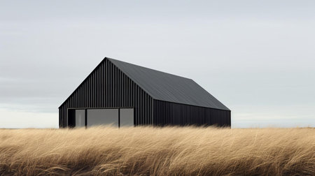 the barn stands isolated in a vast field of tall grass, its rustic charm accentuated by the surrounding landscape, evoking a sense of serenity and simplicity, with its light gray and dark black hues blending seamlessly into the coastal views, exuding a sculptural quality reminiscent of gothic revival architecture and minimalist sets, all bathed in muted colours. ai generatedの素材