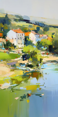 the countryside landscape painting, reminiscent of iryna yermolova's style, captures a serene scene of a tranquil beach near a hill, where the blurred imagery evokes a sense of en plein air freedom, with a palette of soothing light navy and light green hues, perfect for a 32k uhd display, echoing jack levine's vibrant and airy artistic vision. ai generatedの素材