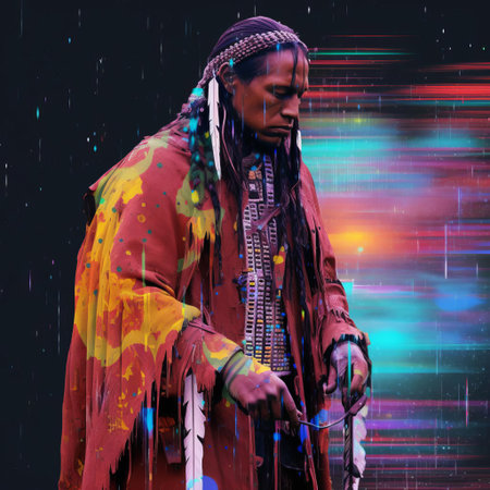 the trail of tears, a pivotal event in american indian removal, is reimagined through a distorted digital lens, as a swirling vortex of pixels and fractured code echoes the forced relocation of native american tribes, evoking a sense of dislocation and cultural disruption in this haunting y2k-inspired databent artwork. ai generatedの素材