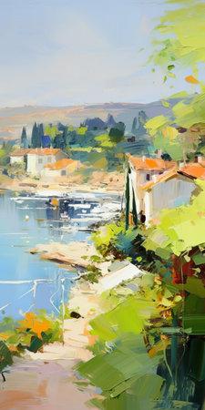 the countryside painting, reminiscent of iryna yermolova's style, depicts a serene scene of a tranquil beach near a hill, where the gentle lapping of the water against the shore creates a sense of calm, with blurred imagery evoking a dreamy atmosphere, in a palette of soft navy and green hues. ai generatedの素材