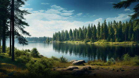 the serene lake, nestled in a picturesque rural area, peeks through the majestic pine trees, offering a tranquil atmosphere and breathtaking scenery, perfect for nature lovers and photography enthusiasts seeking a peaceful escape from the hustle and bustle of city life. ai generatedの素材