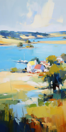 the countryside landscape painting, reminiscent of iryna yermolova's style, captures a serene scene of a tranquil beach near a hill, where the blurred imagery evokes a sense of en plein air freedom, with light navy and green hues dominating the 32k uhd visual feast, echoing jack levine's vibrant and airy aesthetic. ai generatedの素材