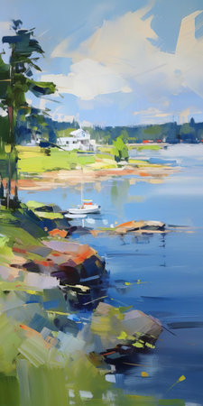 the serene lowland landscape, bathed in soft light, stretches towards the horizon near a gentle hill, evoking a sense of tranquility, as the blurred imagery and en plein air technique capture the essence of a peaceful beach scene, with a palette of soothing light navy and light green hues. ai generatedの素材