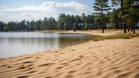 sand dunes, gently sloping towards the serene lake's calm waters, are beautifully framed by a cluster of tall, slender pine trees, their branches stretching towards the sky, creating a picturesque landscape perfect for relaxation and nature exploration. ai generatedの素材
