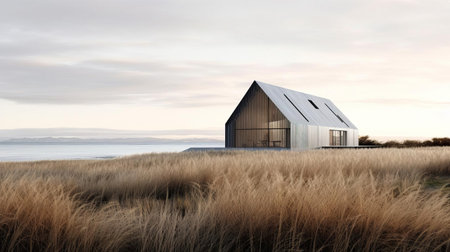 the barn stands isolated in a vast field of tall grass, its contemporary minimalist design evoking a sense of simplicity and elegance, with a striking contrast of light gray and dark black hues that evoke a sculptural aesthetic, reminiscent of coastal views and minimalist sets, with hints of gothic revival, all set against a backdrop of muted colours. ai generatedの素材