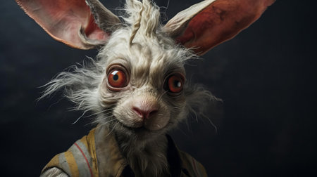 the pooka hybrid, a mystical creature from celtic mythology, gazes intensely into the lens, its humanoid features blending seamlessly with those of a rabbit, showcasing a mesmerizing fusion of folklore and fantasy, perfect for fans of mythical creatures, irish legends, and magical realism photography. ai generatedの素材