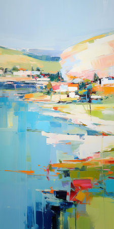 mountain majestically rises in the background of this serene landscape painting, set against a tranquil water scene near a hill, evoking the style of iryna yermolova, with blurred imagery and en plein air beach scenes, dominated by soothing light navy and light green hues, perfect for a 32k uhd display, reminiscent of jack levine's vibrant airy scenes. ai generatedの素材