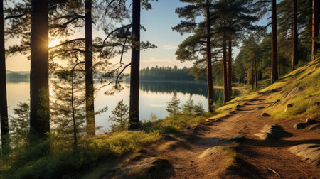 the serene lake, surrounded by towering pine trees, reflects the vibrant hues of the sky, creating a tranquil rural landscape perfect for relaxation, with the gentle rustle of leaves and the sweet songs of birds filling the air. ai generatedの素材