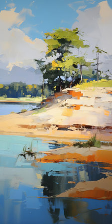 the serene mound, majestically situated on the tranquil water's edge near a rolling hill, is beautifully captured in this stunning painting, reminiscent of iryna yermolova's style, with its soft, blurred imagery evoking a sense of en plein air beach scenes, set against a soothing palette of light navy and light green hues. ai generatedの素材