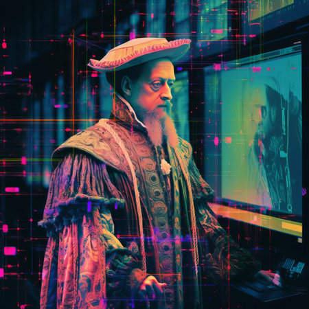 the protestant reformation figure stands defiantly amidst a swirling vortex of distorted code, glitch art pixels, and neon hues, capturing the turmoil of 16th-century england's religious upheaval, as martin luther's 95 theses ignite a digital inferno of dissent, challenging the authority of the catholic church. ai generatedの素材