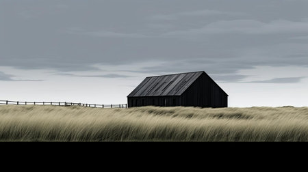 the barn stands solitary in a vast field of tall grass, its contemporary minimalist design evoking a sense of simplicity and elegance, with a palette of light gray and dark black hues that evoke a sculptural aesthetic, reminiscent of coastal views and minimalist sets, with hints of gothic revival, all set against a backdrop of muted colours. ai generatedの素材