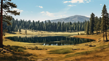 lake scenery unfolds between towering pine trees, offering a serene view of the tranquil water's edge, where lush green pasture meets the majestic lake's calm surface, creating a peaceful atmosphere perfect for relaxation and nature appreciation. ai generatedの素材