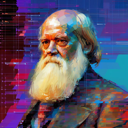 charles darwin's groundbreaking theory of evolution is reimagined in a futuristic, distorted digital landscape, blending 19th-century scientific discovery with 21st-century glitch art aesthetics, as vibrant, swirling patterns and distorted pixels evoke the revolutionary spirit of the scientific revolution. ai generatedの素材