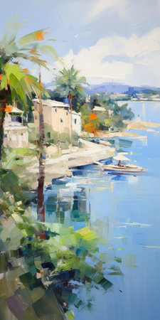 mountain majestically rises in the background of this serene landscape painting, set against a tranquil waterfront scene, evoking the en plein air style of iryna yermolova, with blurred imagery and vibrant colors of light navy and light green, capturing the airy essence of a beach scene in stunning 32k uhd resolution. ai generatedの素材