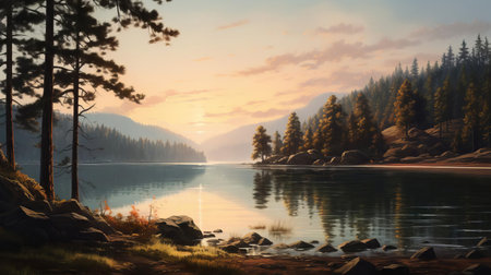 the serene lake, surrounded by lush greenery, peeks through the tall, majestic pine trees, creating a breathtaking scenery that showcases the beauty of nature, perfect for outdoor enthusiasts and photographers seeking tranquility and inspiration in a peaceful environment. ai generatedの素材