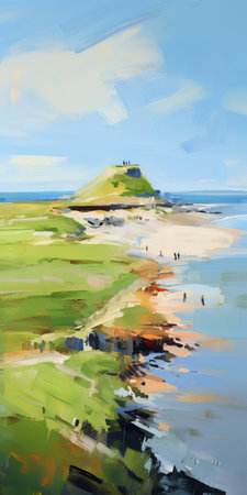 mountain majestically rises from the serene water's edge, set against a gentle hillside, in this breathtaking en plein air painting reminiscent of iryna yermolova's style, featuring soft, blurred imagery and a palette of soothing light navy and green hues, evoking a sense of vibrant, airy tranquility. ai generatedの素材