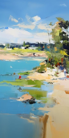 the serene lowland landscape, reminiscent of iryna yermolova's style, unfolds near a gentle hill, where the soft blur of en plein air technique captures the essence of a tranquil beach scene, bathed in soothing light navy and light green hues, evoking a sense of vibrant airiness in this stunning 32k uhd image. ai generatedの素材