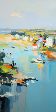the serene lowland landscape, bathed in soft light, stretches towards the gentle hill, evoking a sense of tranquility, as the blurred imagery and en plein air technique transport viewers to a peaceful beach scene, where the soothing hues of light navy and light green dominate, creating a vibrant and airy atmosphere. ai generatedの素材