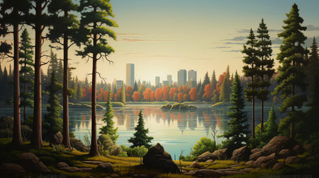the serene lake cityscape, nestled between towering pine trees, offers a tranquil atmosphere, reflecting the majestic beauty of nature, with the surrounding landscape's lush greenery and calm waters creating a sense of peaceful coexistence with the urban environment. ai generatedの素材