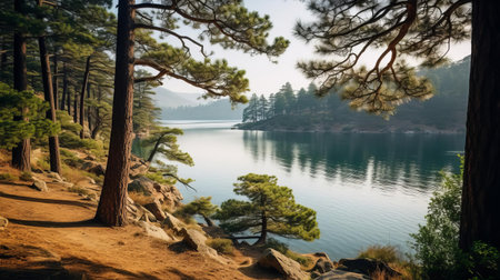 the serene lake, nestled among towering pine trees, offers a breathtaking coastal landscape with calm waters reflecting the surrounding forest, creating a sense of tranquility and harmony with nature, perfect for relaxation and outdoor adventure. ai generatedの素材