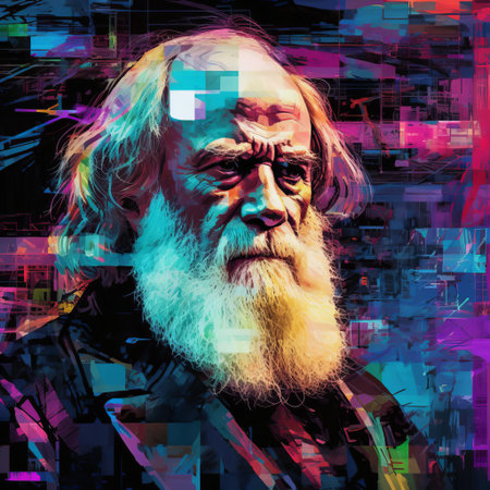 charles darwin's groundbreaking theory of evolution is reimagined in a futuristic, glitch-art landscape, where distorted pixels and neon hues evoke the dawn of the digital age, as the father of natural selection stands at the forefront of the scientific revolution, bridging the gap between 19th-century discovery and 21st-century innovation. ai generatedの素材