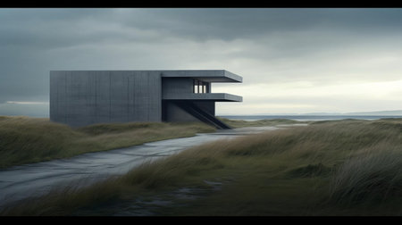the bunker stands isolated in a vast field of tall grass, its contemporary minimalist design evoking a sense of mystery, with light gray and dark black hues blending seamlessly into the surrounding landscape, reminiscent of sculptural aesthetics often found in coastal views and minimalist sets, hinting at gothic revival undertones through its muted colour palette. ai generatedの素材