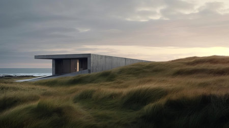 the bunker stands isolated in a vast field of tall grass, exuding a sense of solitude and mystery, its contemporary minimalist design characterized by a striking contrast of light gray and dark black hues, evoking a sculptural aesthetic reminiscent of coastal views and minimalist sets, with hints of gothic revival in its muted color palette. ai generatedの素材