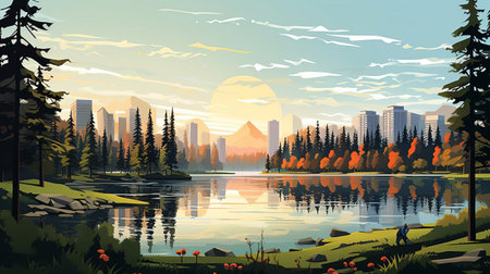 the serene cityscape unfolds beyond the majestic pine trees, revealing a tranquil lake that mirrors the surrounding landscape, creating a sense of harmony between nature and urban architecture, perfect for relaxation and contemplation in a peaceful atmosphere. ai generatedの素材