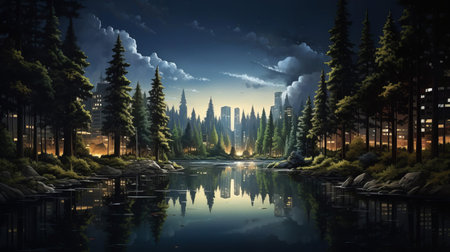 the serene lake cityscape, nestled between a cluster of towering pine trees, offers a tranquil atmosphere, reflecting the vibrant hues of the surrounding landscape, with the gentle ripples of the water's surface mirroring the majestic beauty of nature, perfect for relaxation and outdoor recreation. ai generatedの素材