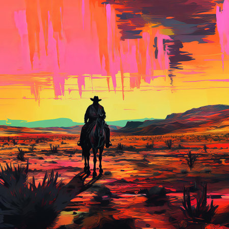 cowboy stands tall amidst a swirling vortex of distorted pixels and neon hues, as the american frontier meets futuristic glitch art in this surreal, databent scene, evoking a sense of digital chaos in the wild west, where outlaws and horses meet circuit boards and motherboard landscapes. ai generatedの素材