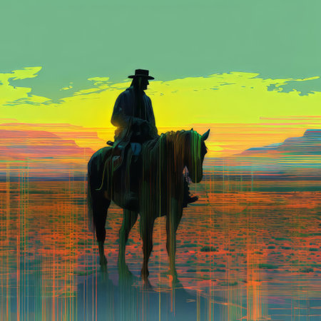 "cowboy, clad in worn leather and dusty denim, stands tall amidst a swirling vortex of distorted pixels and neon hues, as the american frontier meets a futuristic y2k databending twist, blending the rugged wild west with a dystopian digital realm.", ai generatedの素材