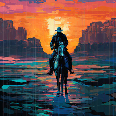 cowboy, surrounded by glitch art distortions, rides a horse through a swirling vortex of neon-lit code, blending the rugged wild west with futuristic digital chaos, capturing the essence of american frontier's lawless spirit in a mesmerizing fusion of past and present. ai generatedの素材