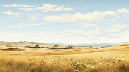 the highlands' prairie landscape illustration exudes serene beauty, embracing simplicity and gentle hues on a panoramic scale, reminiscent of dutch landscapes with a hint of suffolk coast views, featuring delicate tones of light yellow and light blue to evoke a sense of peacefulness and tranquility in nature. ai generatedの素材