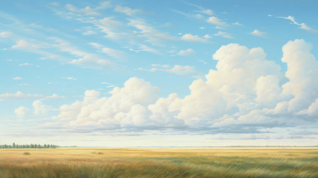 the caspian sea's prairie landscape is beautifully depicted in this serene illustration, showcasing gentle hues and a panoramic scale reminiscent of dutch landscapes and suffolk coast views, evoking peacefulness with delicate tones of light yellow and light blue. ai generatedの素材