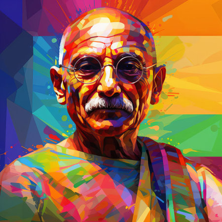 mahatma gandhi, india's iconic freedom fighter, stands solemnly in this abstract, databent representation of his assassination, blending vintage nostalgia with a futuristic y2k twist, as vibrant, distorted pixels swirl around him, capturing the shock and chaos of that fateful day in 1948. ai generatedの素材