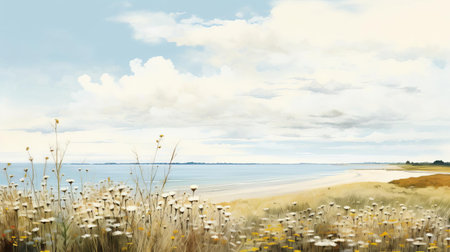 the caspian sea's prairie landscape is beautifully captured in this serene illustration, evoking feelings of peacefulness with its gentle hues and panoramic scale, reminiscent of dutch landscapes and suffolk coast views, featuring delicate tones of light yellow and light blue that enhance the sense of simplicity and calmness. ai generatedの素材