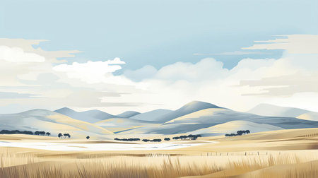 the highlands prairie landscape illustration exudes serene beauty, embracing simplicity and gentle hues on a panoramic scale, reminiscent of dutch landscapes with a hint of suffolk coast views, featuring delicate tones of light yellow and light blue to evoke a sense of peacefulness and tranquility in nature. ai generatedの素材