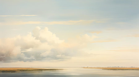 the caspian sea's prairie landscape is majestically depicted in this serene illustration, evoking feelings of tranquility with its gentle hues and expansive panoramic scale, reminiscent of dutch landscapes and suffolk coast views, where delicate tones of light yellow and light blue harmonize to create a sense of peaceful simplicity. ai generatedの素材