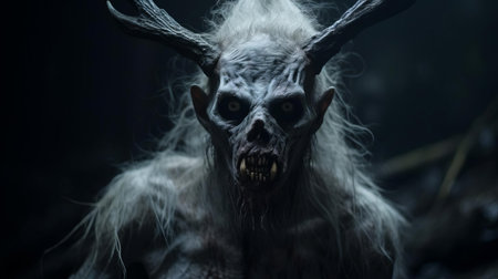 the wendigo hybrid, a mythical creature from native american folklore, is captured in this haunting portrait photograph, its eerie eyes and twisted features evoking a sense of foreboding, blending the lines between human and monster, darkness and terror, in a chilling representation of ancient legend. ai generatedの素材