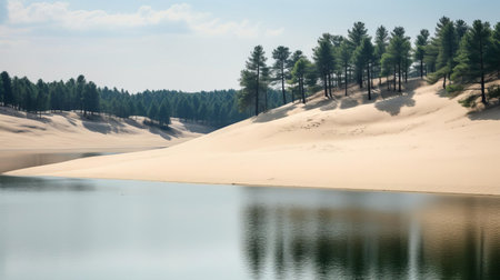 the serene lake shore sand dunes, nestled between towering pine trees, create a picturesque landscape, perfect for nature lovers and photographers, offering a tranquil atmosphere and breathtaking views of the surrounding wilderness and lake waters. ai generatedの素材