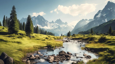 the majestic alpine landscape unfolds with a serene and calming vibe, showcasing towering mountain peaks, lush green forests, and a tranquil atmosphere, perfect for relaxation and inspiration, evoking feelings of peacefulness and wonder in this breathtakingly beautiful scene. ai generatedの素材